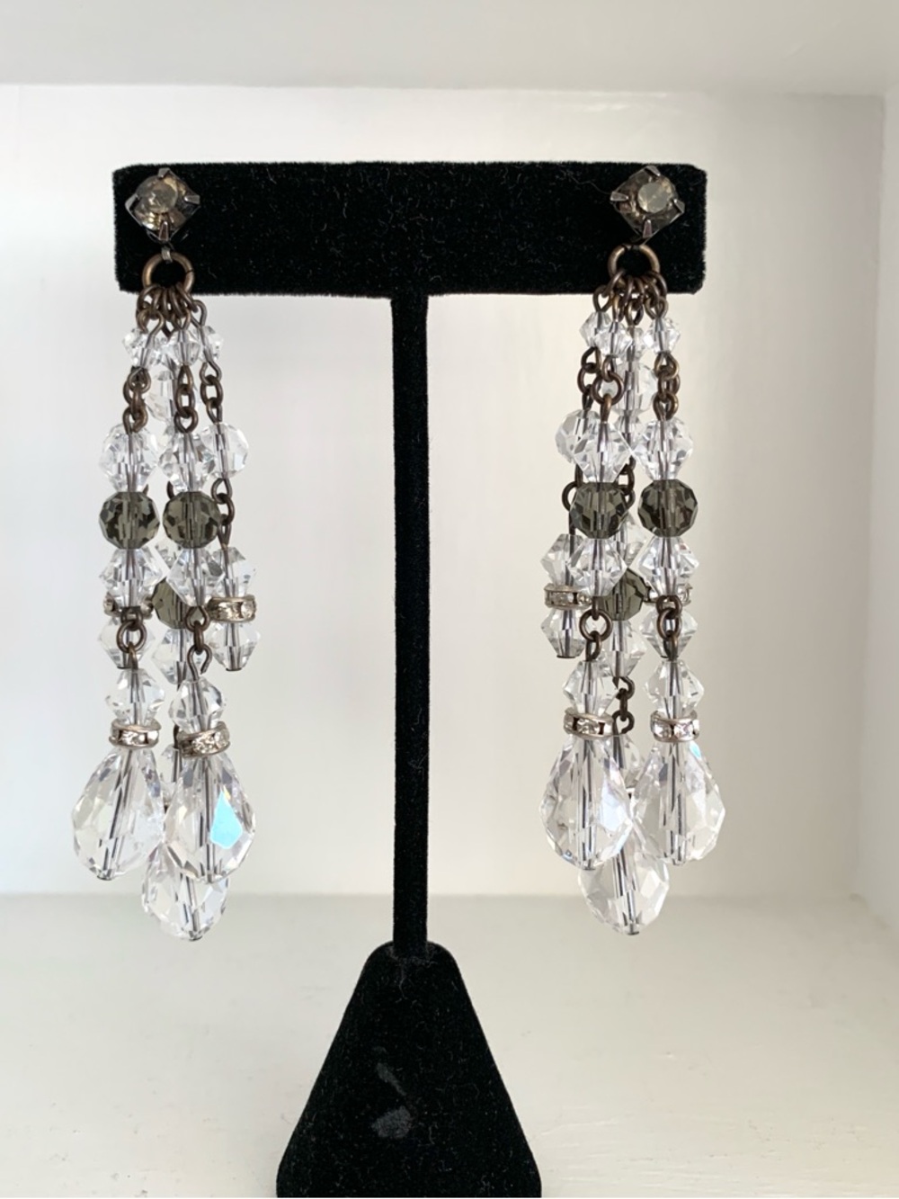 smoky quartz clear faceted glass beads crystal bands drop dangle earrings